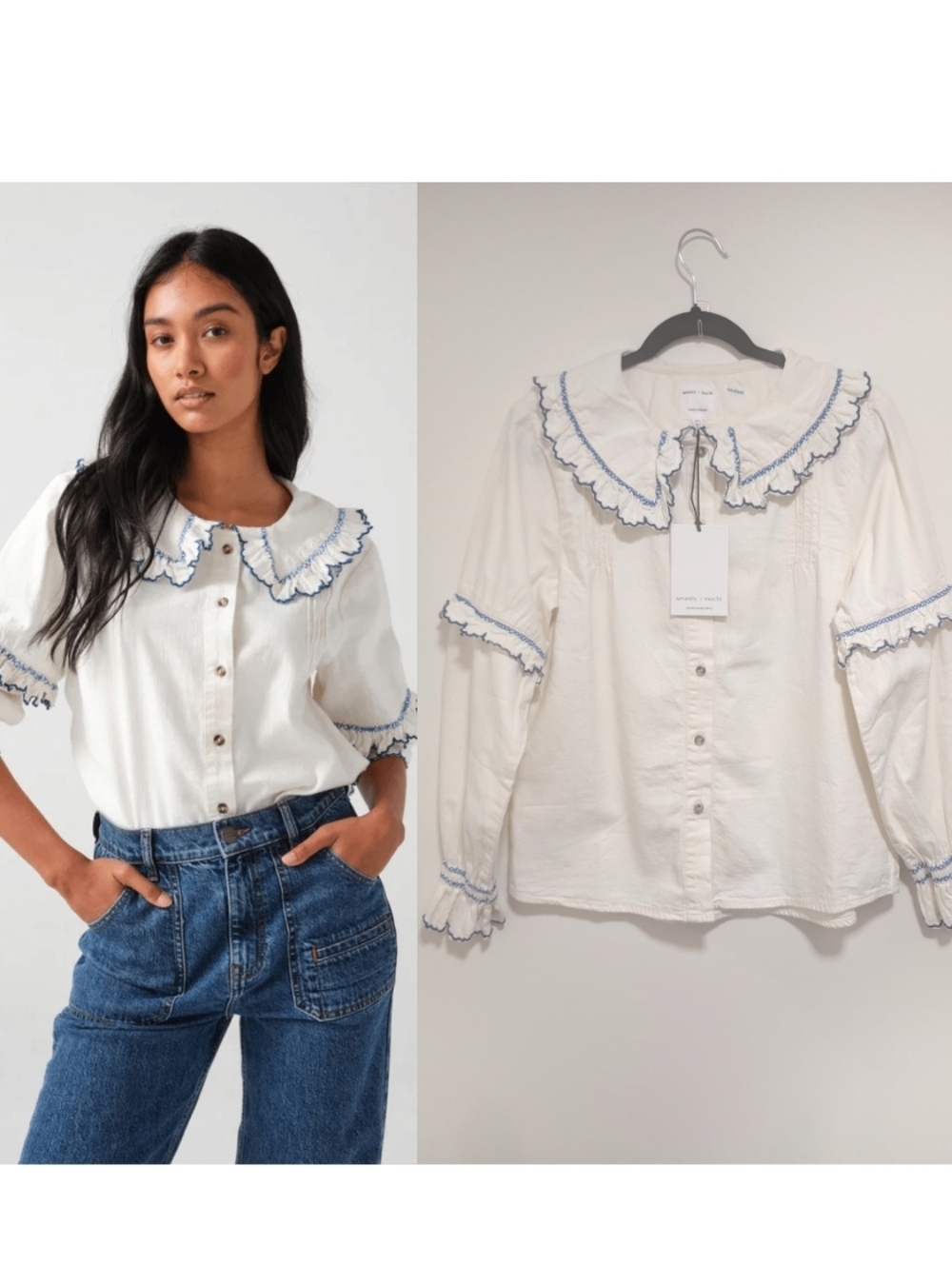 seventy + mochi | Phoebe Blouse In Ecru/Electric Blue